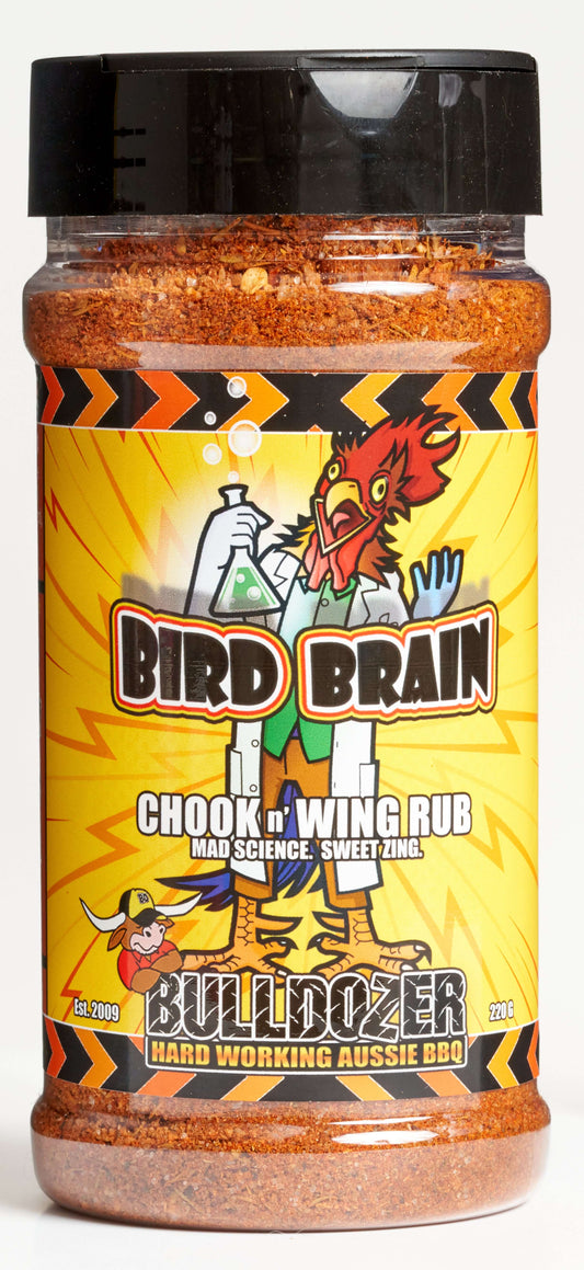 Bulldozer Chook & Wing Rub seasoning bottle, featuring smoky flavors and colorful packaging for BBQ enthusiasts.