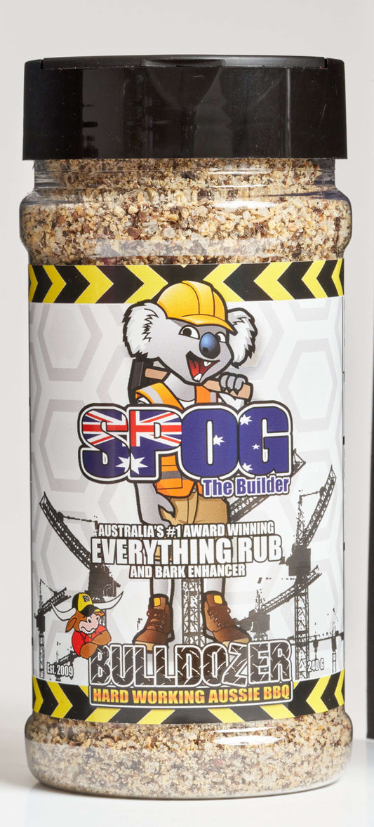 Bulldozer Everything Rub bottle featuring koala mascot, perfect for enhancing BBQ flavors with natural ingredients.