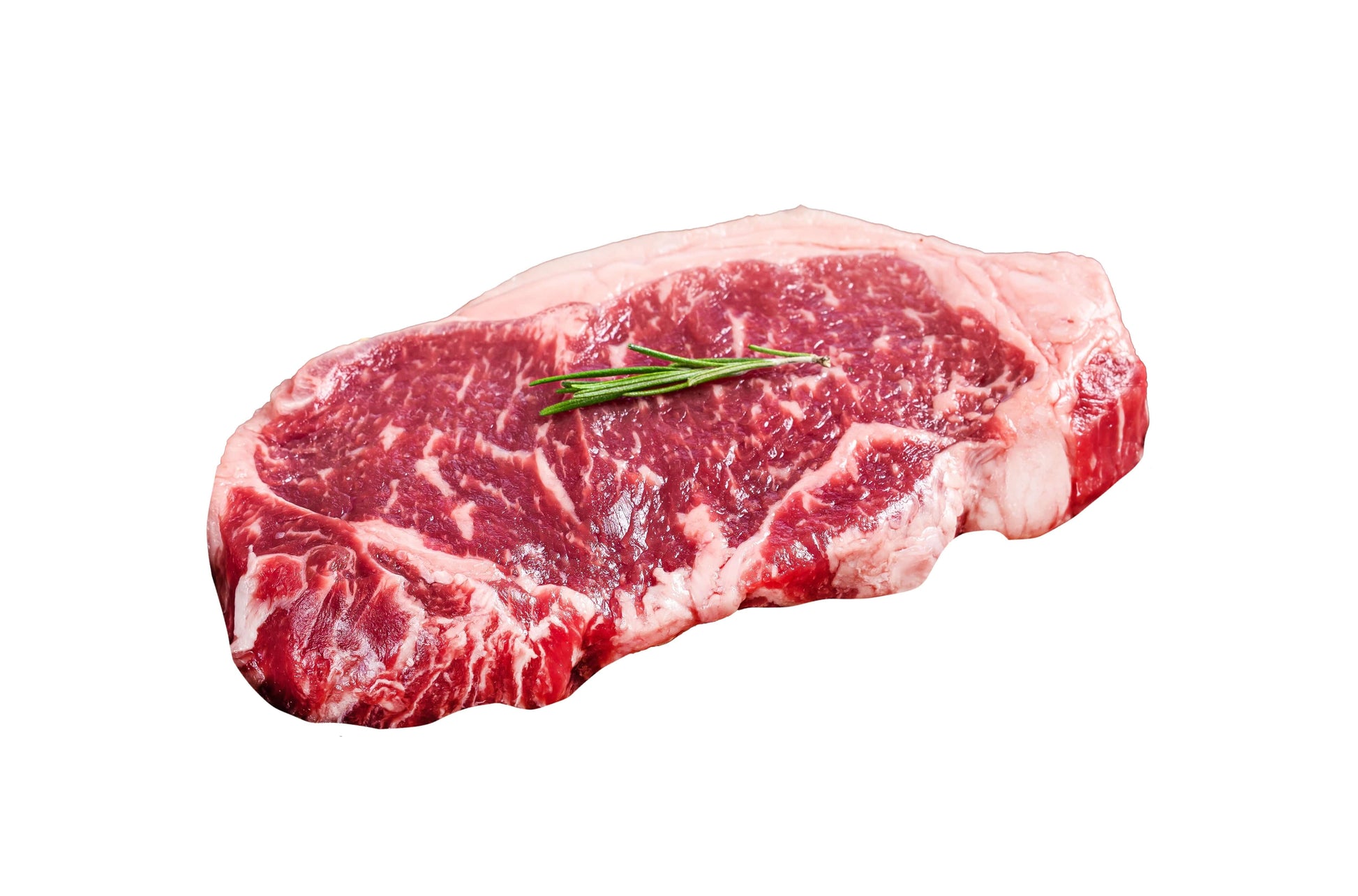 Premium Porterhouse steak with marbling, topped with fresh rosemary sprig, ready for grilling.