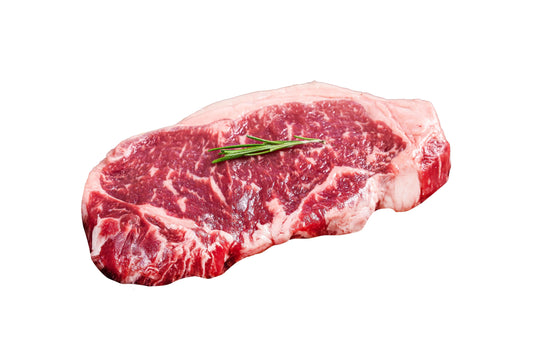 Premium Porterhouse steak with marbling, topped with fresh rosemary sprig, ready for grilling.