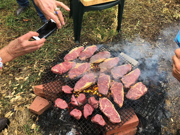 Cooking grass fed steaks on camping fire
